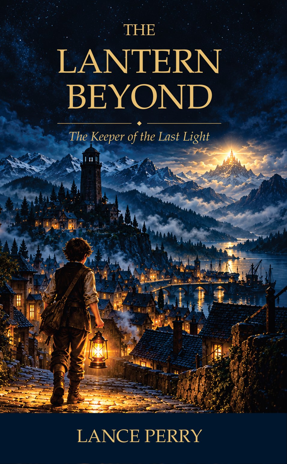 The Lantern Beyond cover: a boy carrying a lantern toward a mountain town